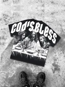 Men's Loose-Fit Batwing Sleeve Jesus Print Street Style Crop Top, All-Season Fashion Tee for Daily Wear, Comfortable Men's Clothing