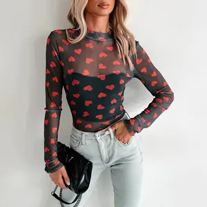 MULLVEIG Women's Valentines Heart Sheer Mesh Long Sleeve Top Romantic Party Outfit Cute Valentines Day Gift Blouse Shirts