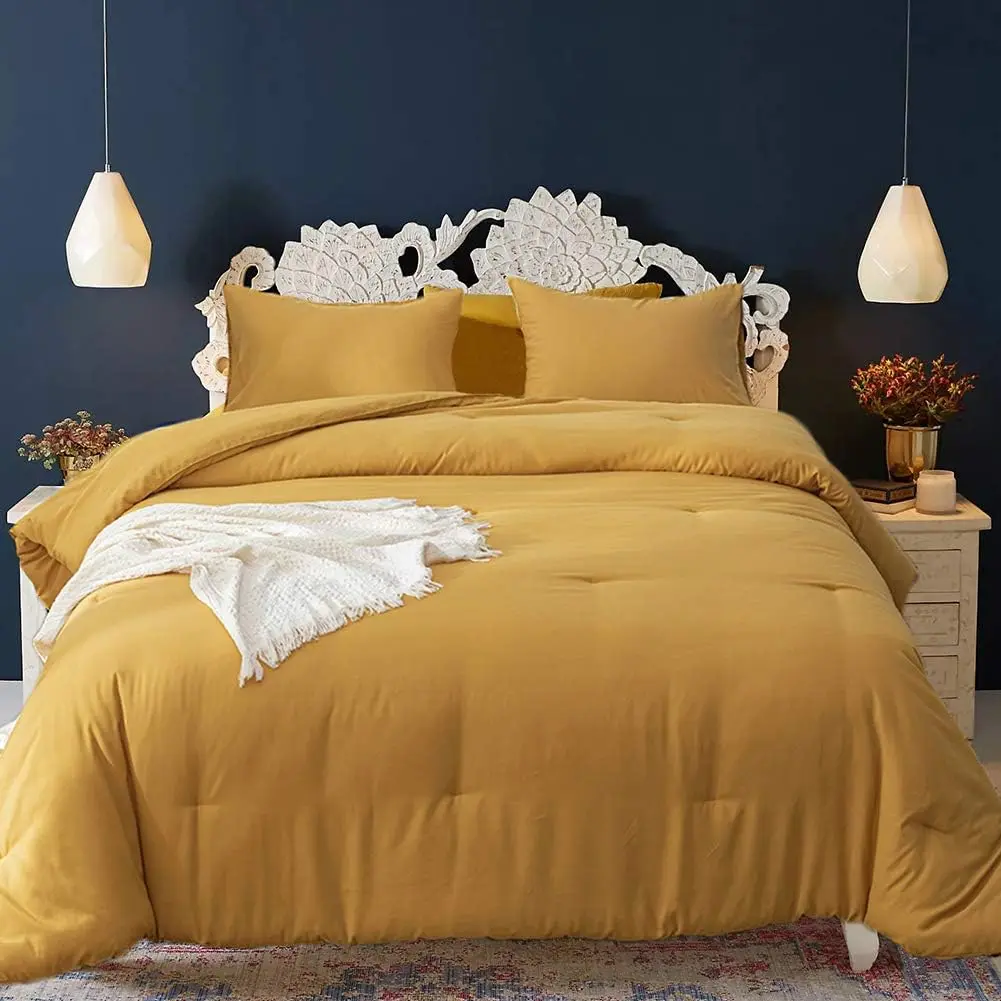 Mustard Yellow Comforter Sets Queen Dark Yellow Comforter Full Lightweight Mustard Comforter Sets Ginger Yellow Quilts for Women Men Adults Teens