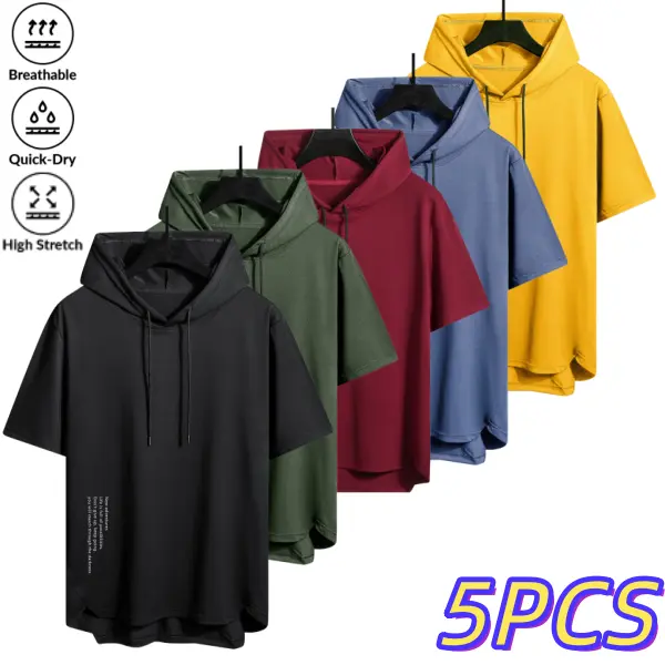 Men’s hooded short-sleeve T-shirt pack of 5, trendy casual athletic style, breathable quick-dry, highly elastic, skin-friendly, drawstring hood, curved hem, versatile top for gym, commuting, and home wear