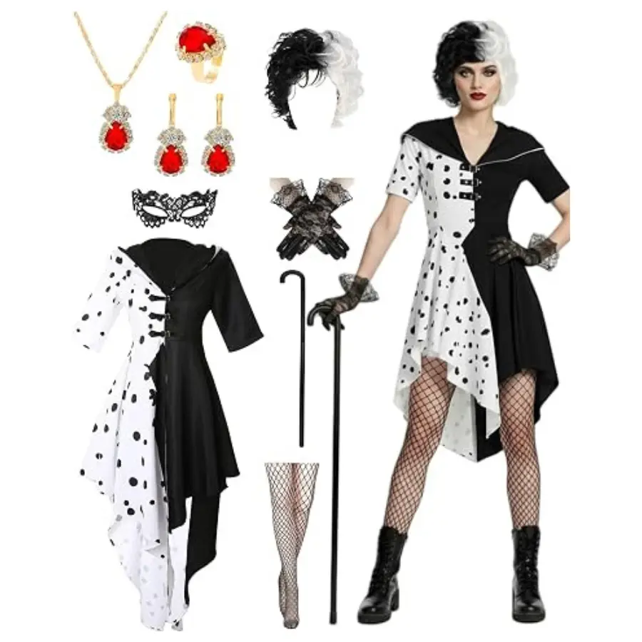 9 Pcs Women Dalmatian Costume Set – Black & White Dress Up Outfit with Wig