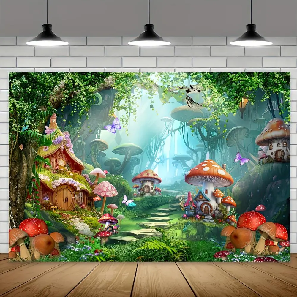 1PC Polyester Reusable 2D Flat Fantasy Mushroom House Backdrop - Forest Fairy Tale Banner for Children’s Happy Birthday Party, Forest Elf Theme Festive Decoration