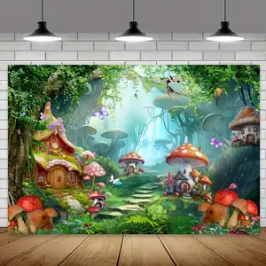 1PC,2D Flat Fantasy Mushroom House Forest Fairy Tale Backdrop, Children's Birthday Party Photography Backdrop, Forest Elf Theme Party Decoration Backdrop, Dreamy Mushroom House Scene Layout Backdrop
