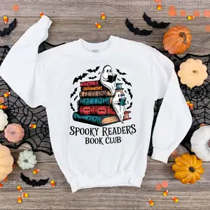 Spicy Booktok Inspired Ghost reading books sweatshirt- Long Sleeve Crewneck with Halloween Design & Ribbed Cuffs