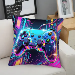 Neon Gaming-Themed Throw Pillow (With Insert), Colorful Cyberpunk Controller-Decorated Throw Pillow, Soft Cushion for Sofas, Bedrooms, and Gaming Rooms, A Birthday Gift for Boys and Teenagers.