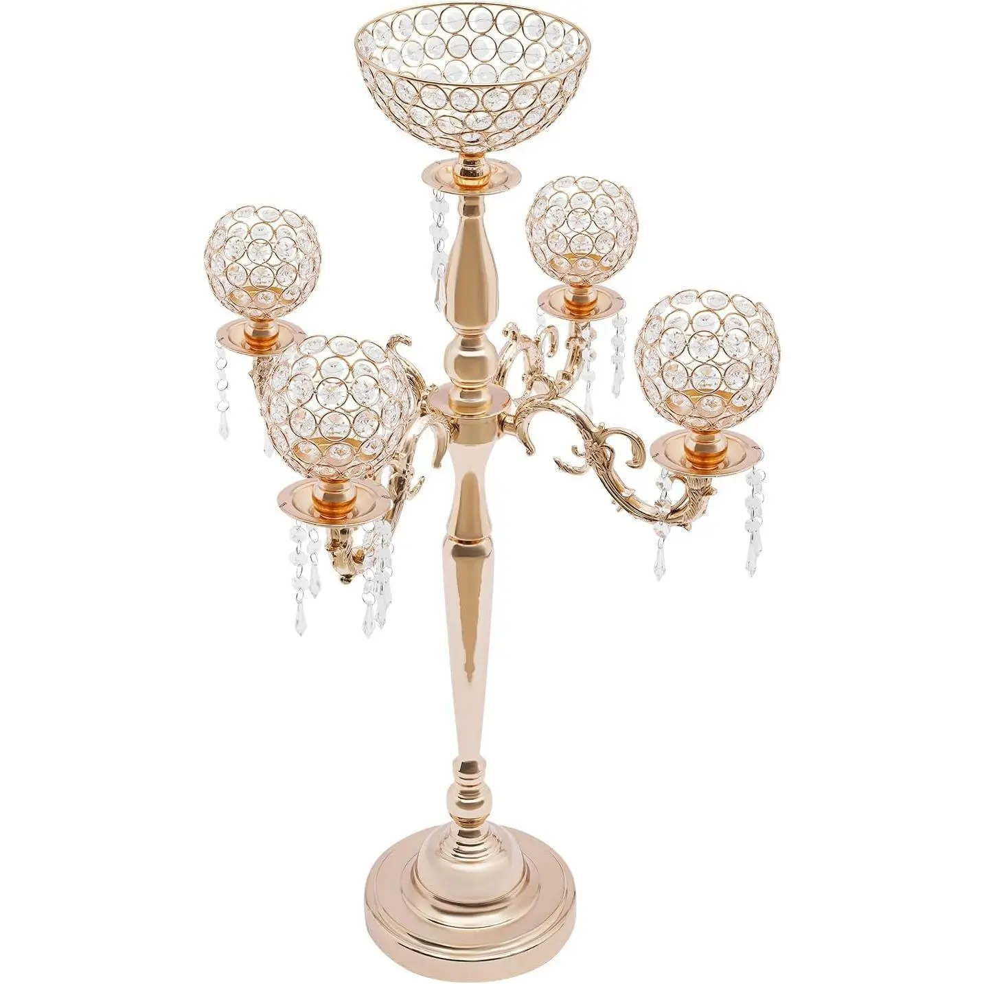 Geometric 5-Arm Gold Metal Candelabra Centerpiece - 35" Tall Floor-Table Candle Holder with Crystal Pendants, 18cm/7in Flower Vase Diameter, for Home Wedding Party Decor, Holiday Coffee Shop Kitchenware Bar Settings, Crystals, Desk