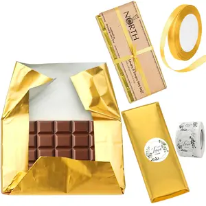 Chocolate Bar Wrappers, 100pcs/set Gold Foil Candy Decoration Wrappers with 100pcs Stickers & 1 Roll Ribbon, Homemade Individual Wrapping Sheets for Chocolate, Chocolate Treats, Candy, Dessert, Food Packaging, Gift Idea