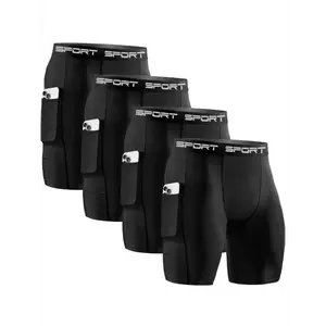 4pcs RUKIOO Men'S Compression Boxer Briefs, Polyester & Spandex High Stretch Knit Fabric, Solid Color Sports Shorts with Pockets, for Running, Basketball, and Training