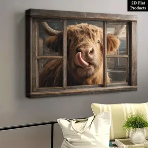 A 2D flat Highland cow looks at the open window |   Framed canvas poster, includes frame, decorative art style, very suitable for wall decoration, room decoration, living room, winter and spring, bathroom, Valentine's Day decoration and gift