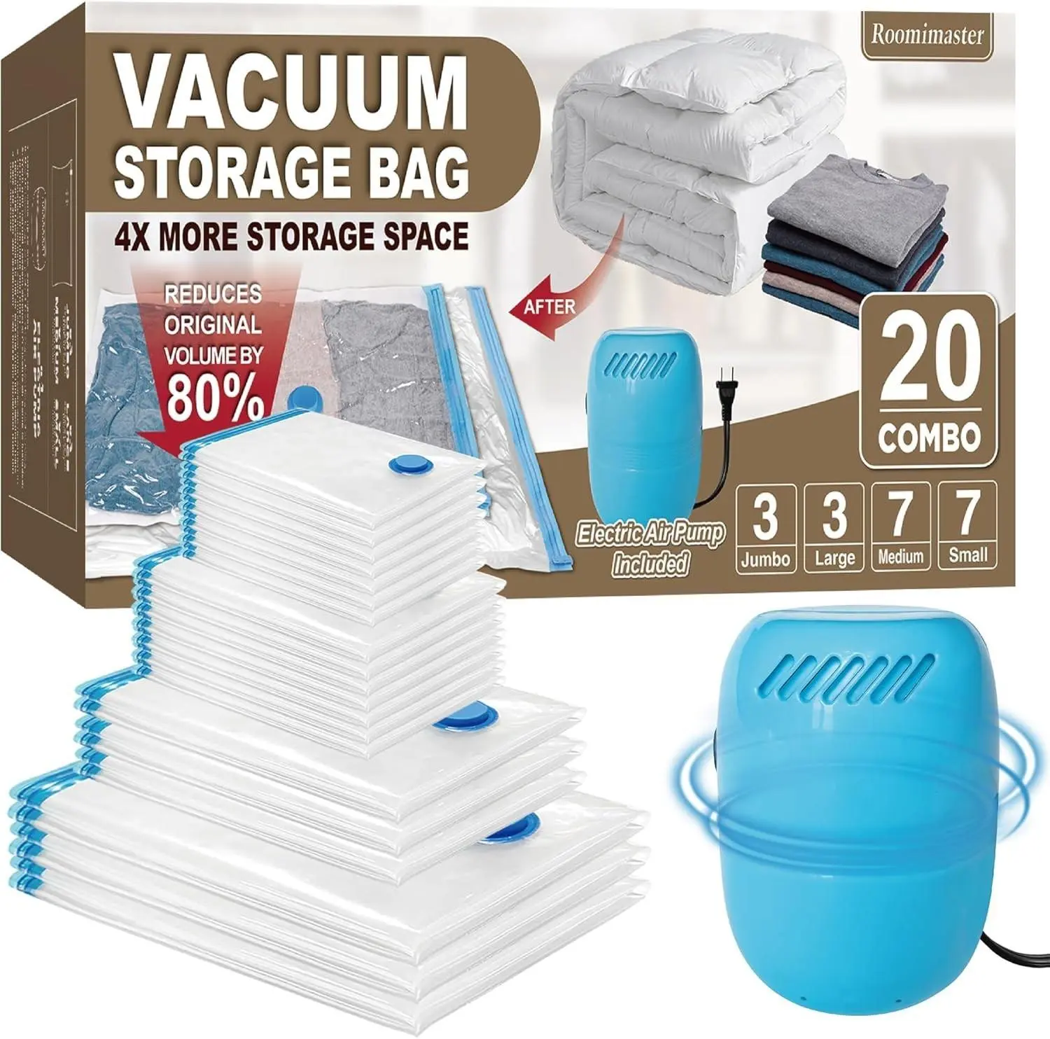 Roomimaster Vacuum Storage Bags 20Pack with Electric Pump Space Saver Set