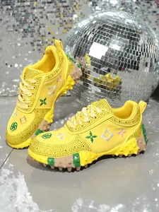 Water Drill Sequins Dad Shoes Women Thick Sole Height Increasing Casual Shoes Floral Pattern Fashion Versatile Sparkle Sport Shoes Sneaker