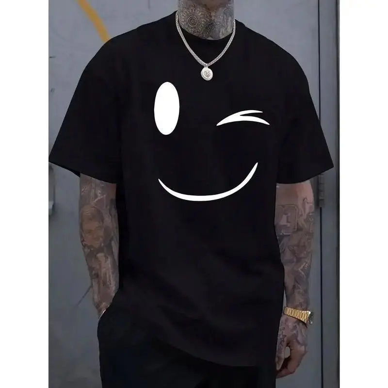 Summer Must-Have: Men's Fashionable Smiling Face Printed Casual T-Shirt - Breathable 100% Cotton, Round Neck, Short Sleeved