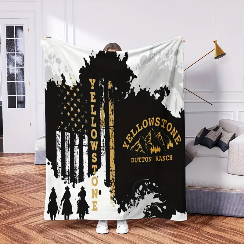 1Pc Yellowstone Dutton Ranch Flannel Blanket, Soft & Cozy 100% Polyester, Black With American Flag Design, Perfect For Home Decor, Bed, Sofa, Car, Nap, Or Air Conditioning Use, Ideal Holiday Gift, One-Piece