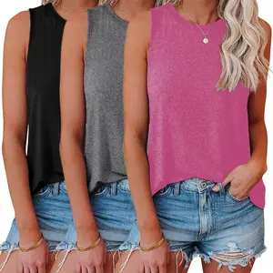 3PCS Summer Tank Tops for Women Plain Round Neck Sleeveles T Shirts Loose Breathable Workout Racerback Tank Tops Soft Polyester Solid Color
