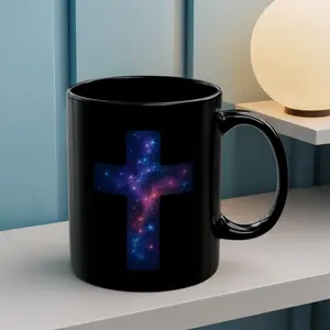 Galaxy Cross Coffee Mug – Ceramic mug with stunning nebula cross artwork. Available in 11oz size. Microwave & dishwasher safe. Perfect for coffee, tea, astronomy lovers, spiritual gifts, or cozy cosmic mornings. Trending cosmic drinkware