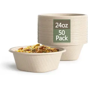24 Oz Disposable Paper Bowls-Heavy Duty Disposable Bowls-Made from Natural Bagasse-Disposable Bowls For Hot Soup,Salad,Dessert, and More [50 Pack]