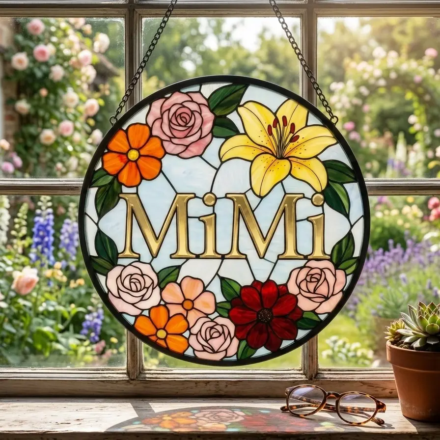 Personalized Nana/GiGi Glass Suncatcher V2, Floral Nana Gift,  Elegant Gift for Grandma, Mothers Day Gift, Wildflowers Window Hanging, Colorful Wildflowers Garden Suncatcher, Floral Glass Art, Gift for Mom