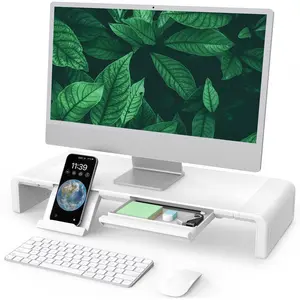 Monitor Stand Riser,  Foldable, Height Adjustable Computer Stand, Desk Shelf Riser with Storage Drawer &Tablet Phone Stand for Desktop, Laptop (White)