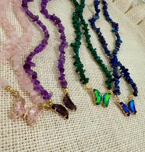 Debbie Necklace - Colorful Bead Necklace with Butterfly Charm - Detailed Jewelry Accessory