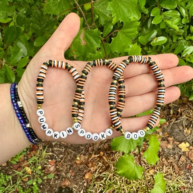 Haley Murden Arts Spooky Halloween Heishi Clay Bracelet with Pumpkin Spooky Boo Beads for Halloween
