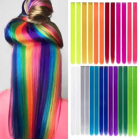 [Iridescent] Colored Hair Extensions, 20 inch Straight Highlights Color Clip in on Hair Extension Rainbow Synthetic Hairpieces for Girls Kids Gift
