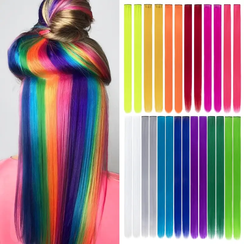 [Iridescent] Colored Hair Extensions, 20 inch Straight Highlights Color Clip in on Hair Extension Rainbow Synthetic Hairpieces for Girls Kids Gift