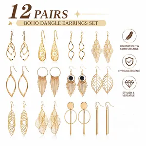 12 Pairs Boho Drop Dangle Earrings for Women, Vintage Statement Bohemian Earrings Set with Geometric & Tassel Designs, Hypoallergenic Lightweight Alloy, Gift Ready Packaging