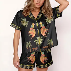 Women’s Coconut Tree Peacock Monkey Plant Short Sleeve Satin Pajama Set, Tropical Peacock Monkey Short Satin Pajama Set for Women, Coconut Tree Plant Print Sleepwear, Silky Button Up Pajama Shorts, Summer Lounge, Gift for her