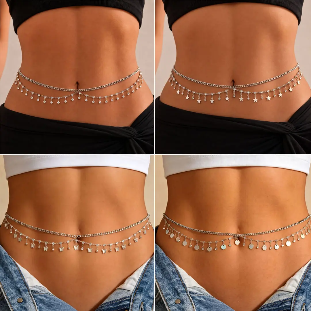 4Pcs Gold Bling Waist Chain for Women, Adjustable Boho Belly Chain Jewelry Set, Charm Body Chain with Butterfly Star Coin Drop Charms, Great for Vacation, Party & Daily Wear, Ideal Gift for Girlfriend