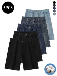 Pack of 5 men’s denim shorts for summer: straight-leg, loose fit, three-dimensional patchwork design, mid-thigh length; high cotton content, washed denim; versatile American vintage men’s shorts.