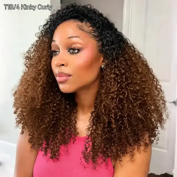 Tuneful Colored Kinky Curly Half Wig T1B4 Human Hair 180% Density Wear and Go Glueless Wig with Drawstring Spiral Curly Ends 3 in 1 Flip Over Headband Wig Beginner Friendly for Black Women