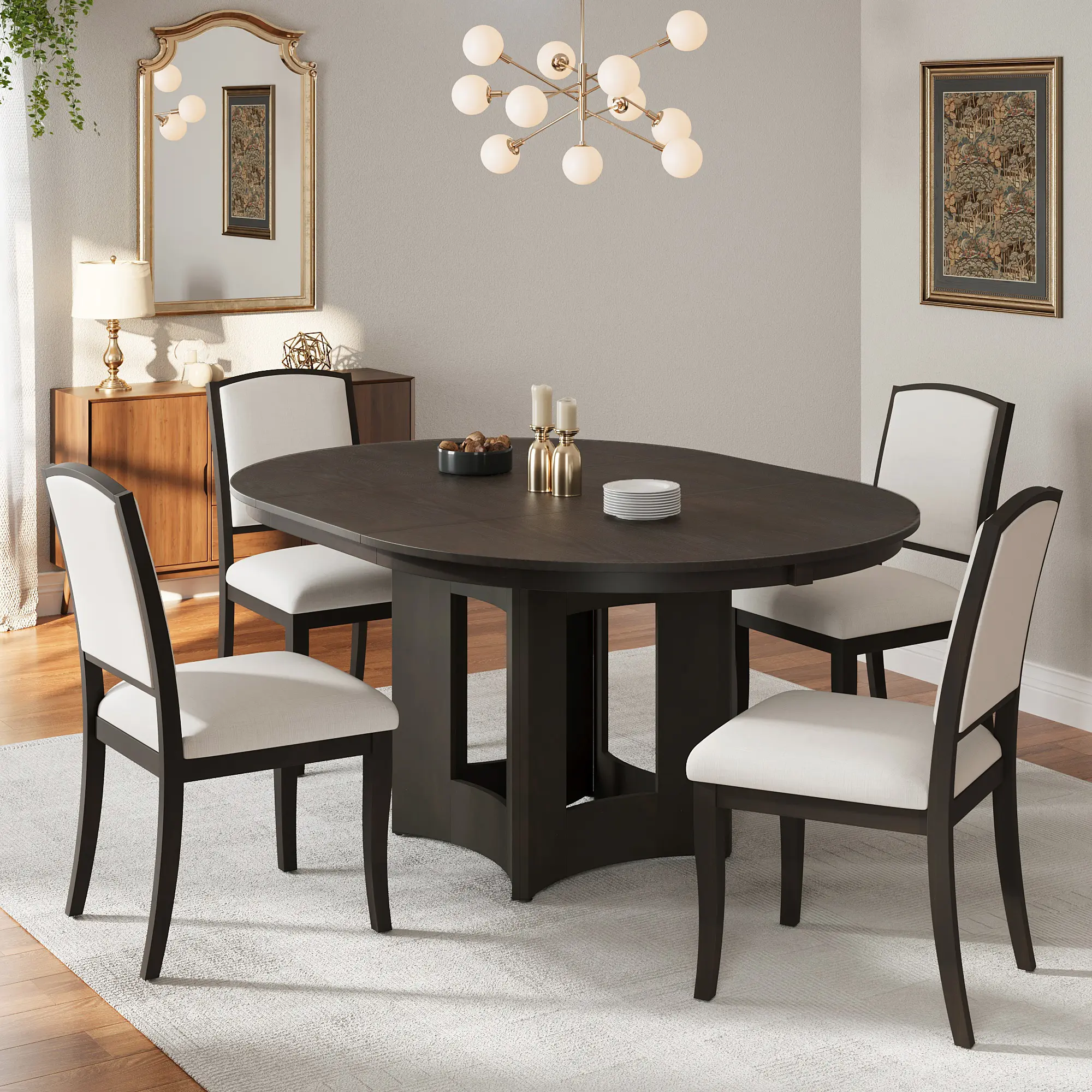 TOPMAX Farmhouse Convertible Expandable 4-Seat Round Dining Table Set (5-Piece Kitchen Set) with 4 Upholstered Chairs, 16in Removable Leaf for Small Spaces, Espresso Beige, Dining Table Set Of 4, 4-Seat Dining Tables