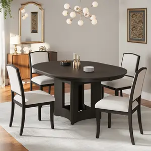 TOPMAX Farmhouse Extendable Round Dining Table Set For 4, 5-Piece Kitchen Table Set With 4 Upholstered Chairs And 16inch Removable Leaf For Small Places, Espresso Beige