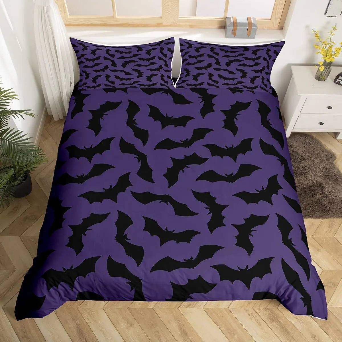 Feelyou 3D Bat Print Microfiber Soft Bedding Set - Decorative Purple Duvet Cover with Pillow Shams, Machine Washable, Multi-Size Halloween Trick or Treat Room Decor Quilt Cover, Bed Sets, Decorative Bedding Set
