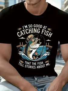 Funny Fishing Graphic T-Shirt, Cotton Short Sleeve Tee for Outdoor Fishing, Casual Wear with Cartoon Bass Design, Unisex Everyday Top
