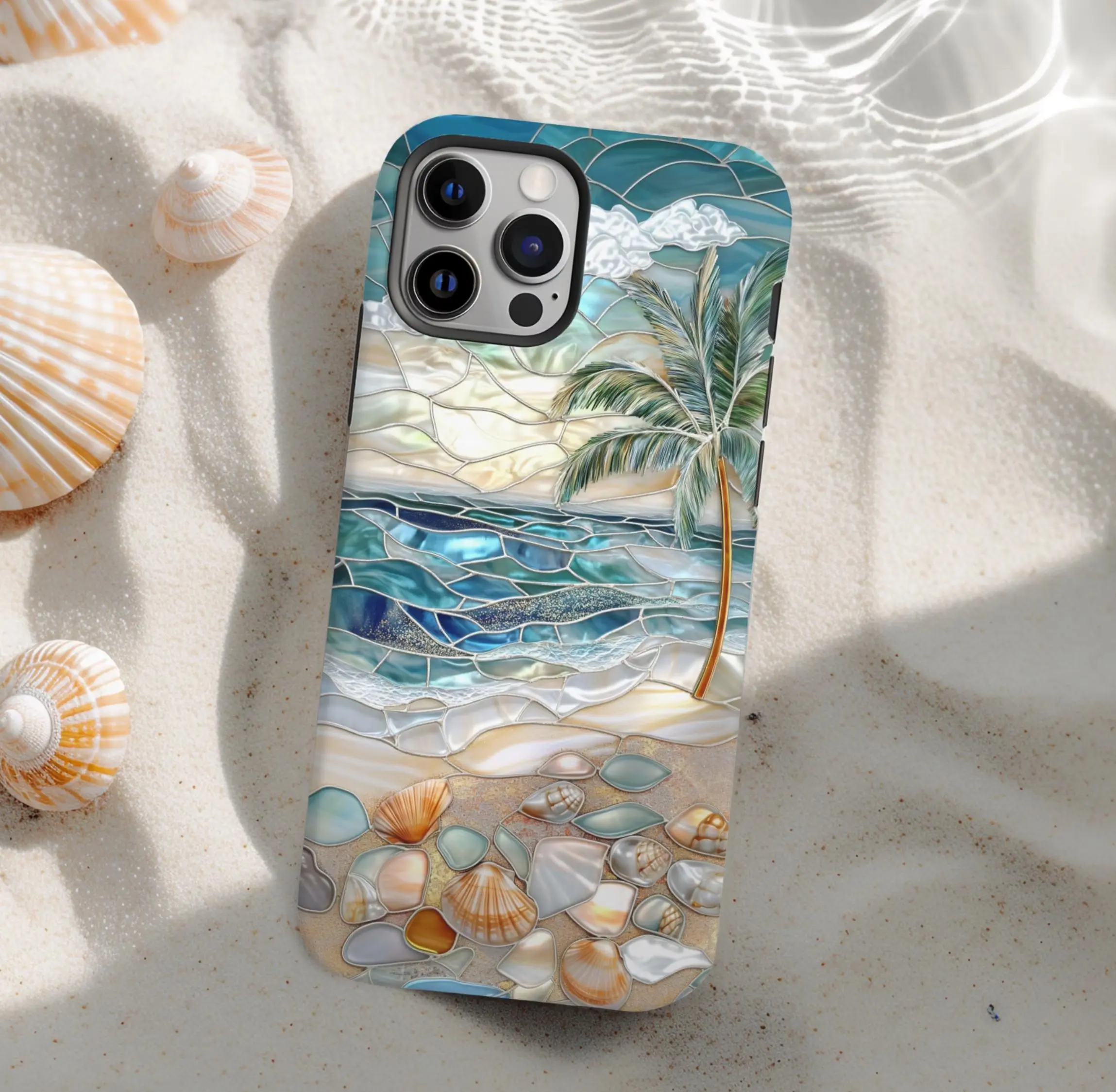 Stained Glass Ocean Waves Magsafe Case | Coastal Seashell Cover | Tropical Art Gift iPhone 17 16 15 14 13 Pro Max Mini, Galaxy s26