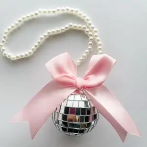 Disco Ball Hanging Ornament, Car Rearview Mirror Hanging Decoration with Pearl Chain, Fashionable Car Interior Accessories for Women