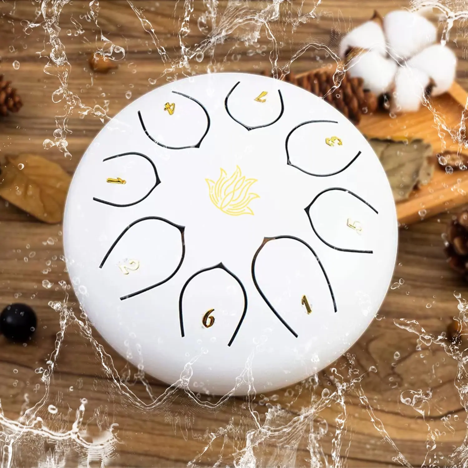 Rain Chime Drum - 8 Note 6 Inch Rain Drum for Outside Garden, with Bag, Music Book, Drumsticks, Mallet Holder and Finger Paddles, Steel Tongue Drum for Gifts Yoga Education (White)