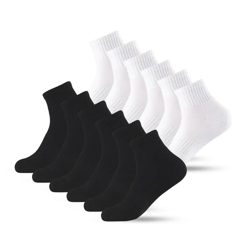 Men's 12-Pair Cotton Cushion Quarter Socks, Unisex Mensfashion Athletic Wear with Arch Support, Sweat-Absorbing, Anti-Slip for Gym, Workout, Running, Machine Washable Solid Colors Value Pack