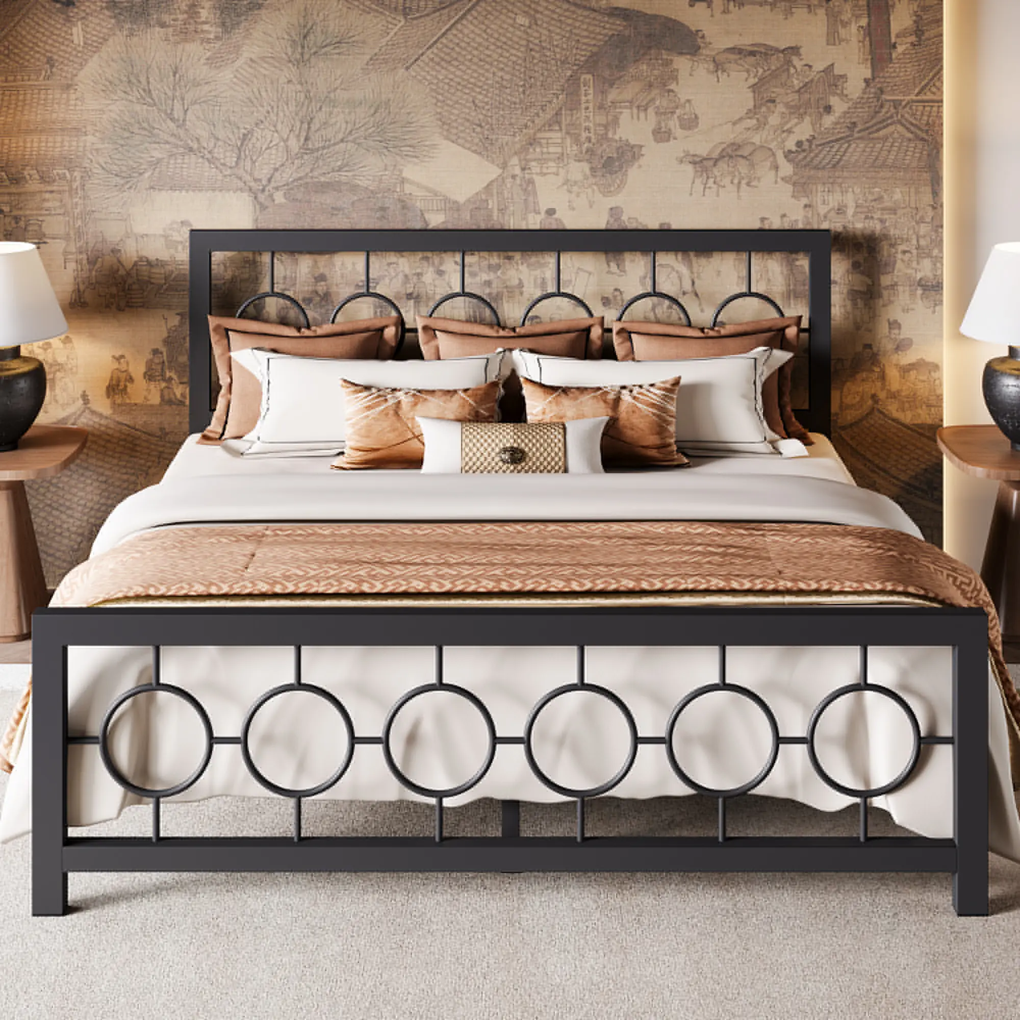 MUTICOR Twin/Full/Queen/King Size Iron Platform Bed Frame with Vintage Circular Design Headboard and Footboard, 【Frame Only No Matress】】Ample Under-Be