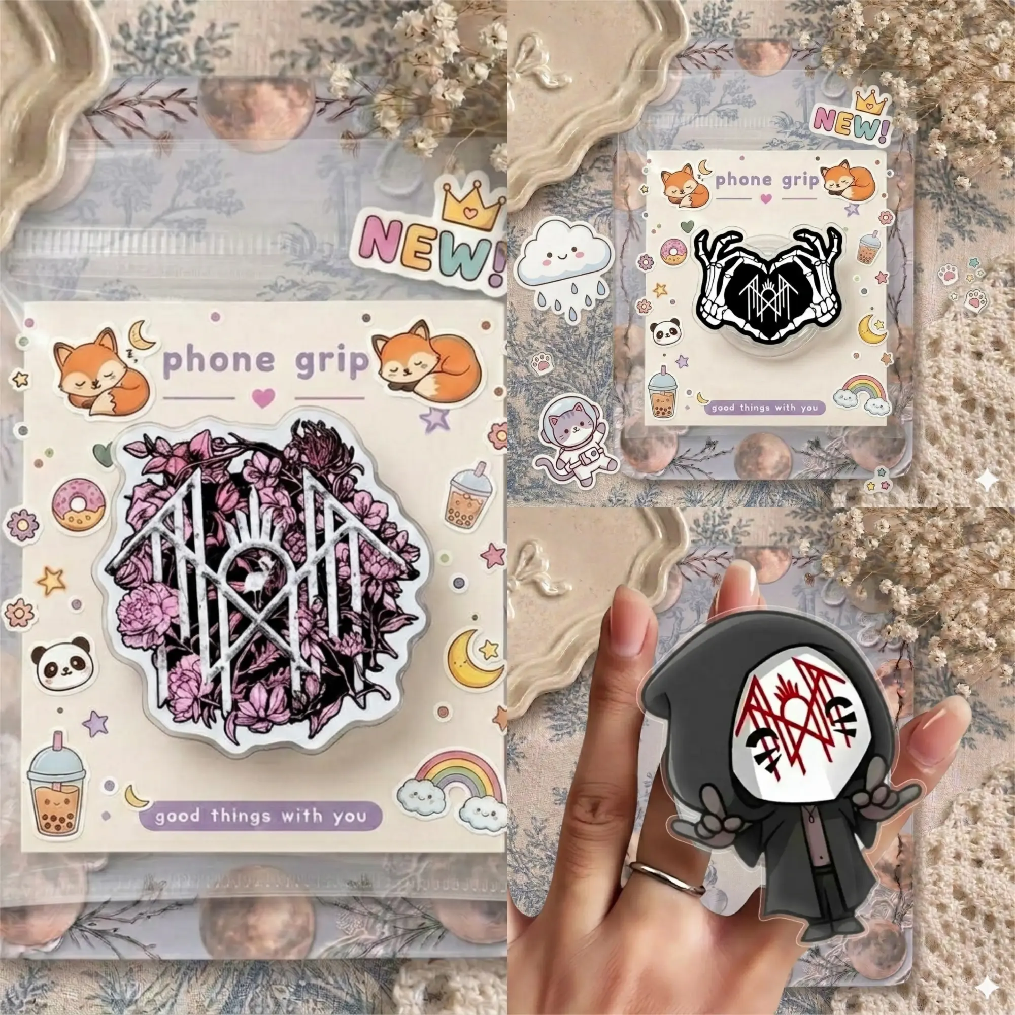 Alt Aesthetic Skeleton Hand Phone Grip – Edgy Floral Heart Pop Socket, Gothic Character Phone Holder, Collapsible Smartphone Stand, Unique Trendy Gift for Music Fans