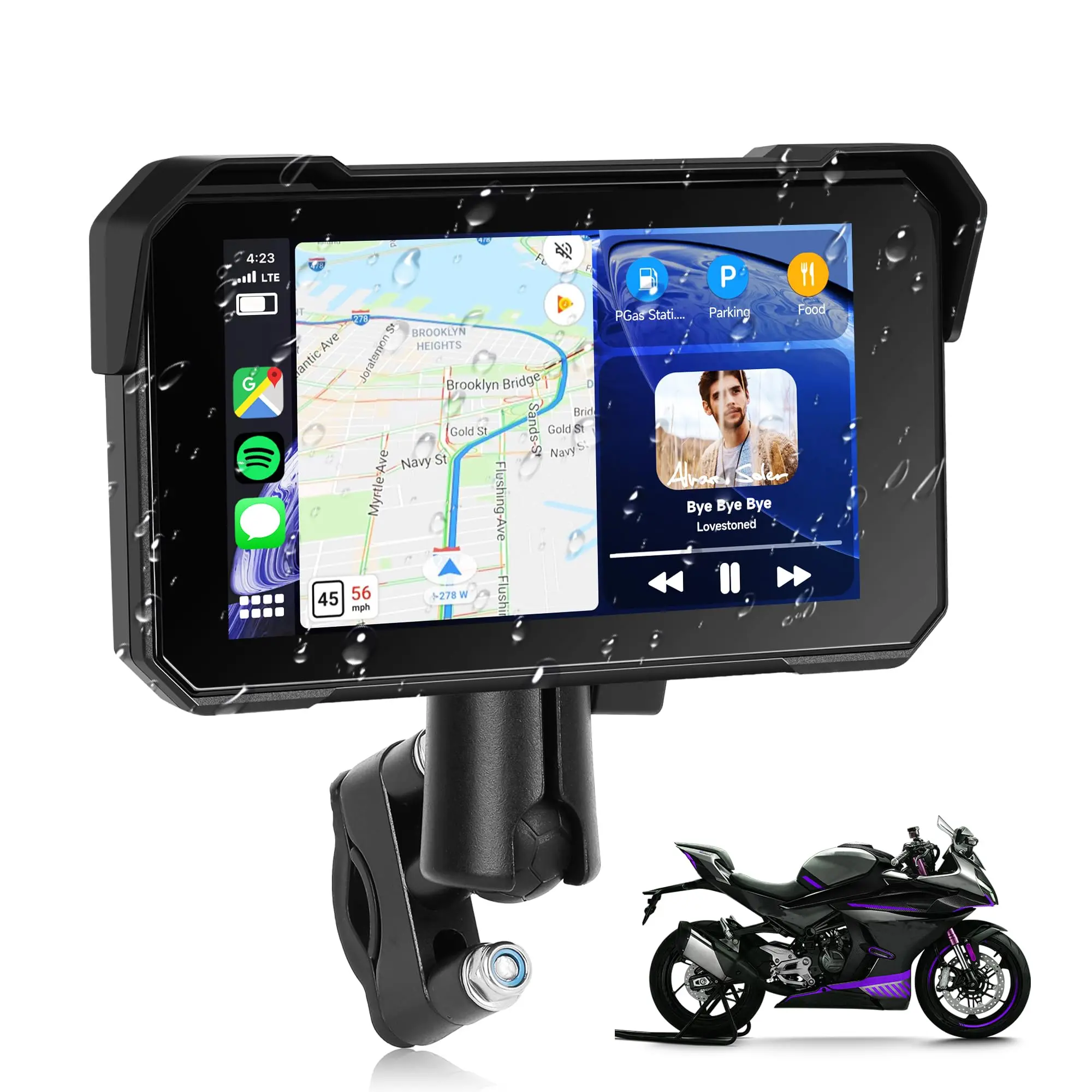 Carplay Wireless Screen for Motorcycles, 5 Inches Touchscreen Portable Car Radio for Motorcycle, IP68 Waterproof with Android Car Bluetooth Tyre Pressure Detection 12 V