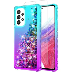 for Galaxy A53 Case,Samsung A53 5G Case with HD Screen Protector,Gradient Quicksand Glitter Liquid Floating Waterfall Durable Girls Cute Phone Case for Samsung Galaxy A53 5G (Teal/Purple)