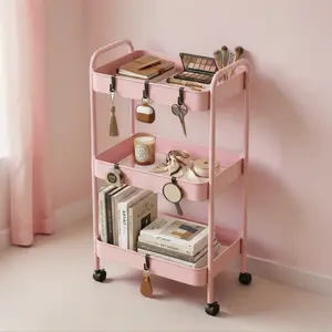 【organizer】3-Tier Rolling Cart, Metal Utility Cart with 6 Hooks Storage Cart on Wheels Craft Cart with Handle for Organizer Storage for Classroom Office Dorm Home Pink and white