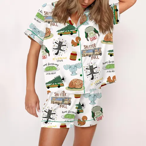 SHESHOW It's A Beaut Clark Christmas Vacation Satin Pajama Set For Women Print Comfy Satin Sleepwear & Loungewear Pjs Printing Silky Top & Bottoms Fallfreshness