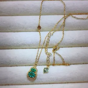 <PingEast Jewelry>Emerald jewelry set--925 Sterling Silver Gold-Tone Gourd Pendant Necklace set with 2 natural eye-clean Colombian emeralds. Simple, elegant, and delicately refined — a timeless piece that pairs effortlessly with any outfit and is perfect