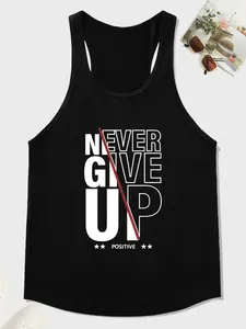 1pc Men's Black Muscle Tank Top Never Give Up Slogan Print Racerback Gym Stringer Vest Soft Breathable Cotton Blend Workout Tee for Bodybuilding
