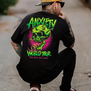 ANXIETY WORLD TOUR Skull Print T-Shirt, Top Menswear Cotton Tee Shirt, Unisex Fashion, Soft Fabric, ShortSleeve, Regular Fit, Casual Streetwear