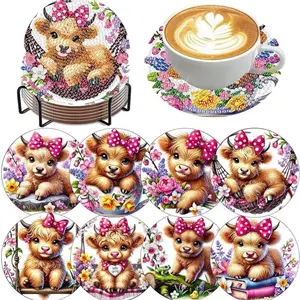8 pieces/set of diamond painting coasters set with animal cow pattern coasters (with holder) - DIY diamond art craft kit for home decoration beginners, diamond craft supplies, artificial diamond art craft supplies gifts