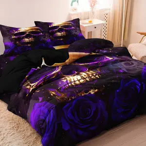 3pcs Set Purple Rose Skull Pattern Decorative Duvet Cover Set for Bedroom Guest Room and Dorm Decor - (Includes 1 Duvet Cover and 2 Pillowcases,No Comforter, No Pillow)
